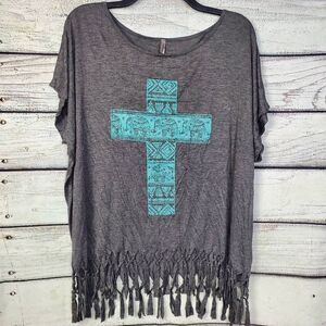 Vanity 2XL Gray Fringe Hem Elephant Cross Graphic Top Boho Dolman Tee
